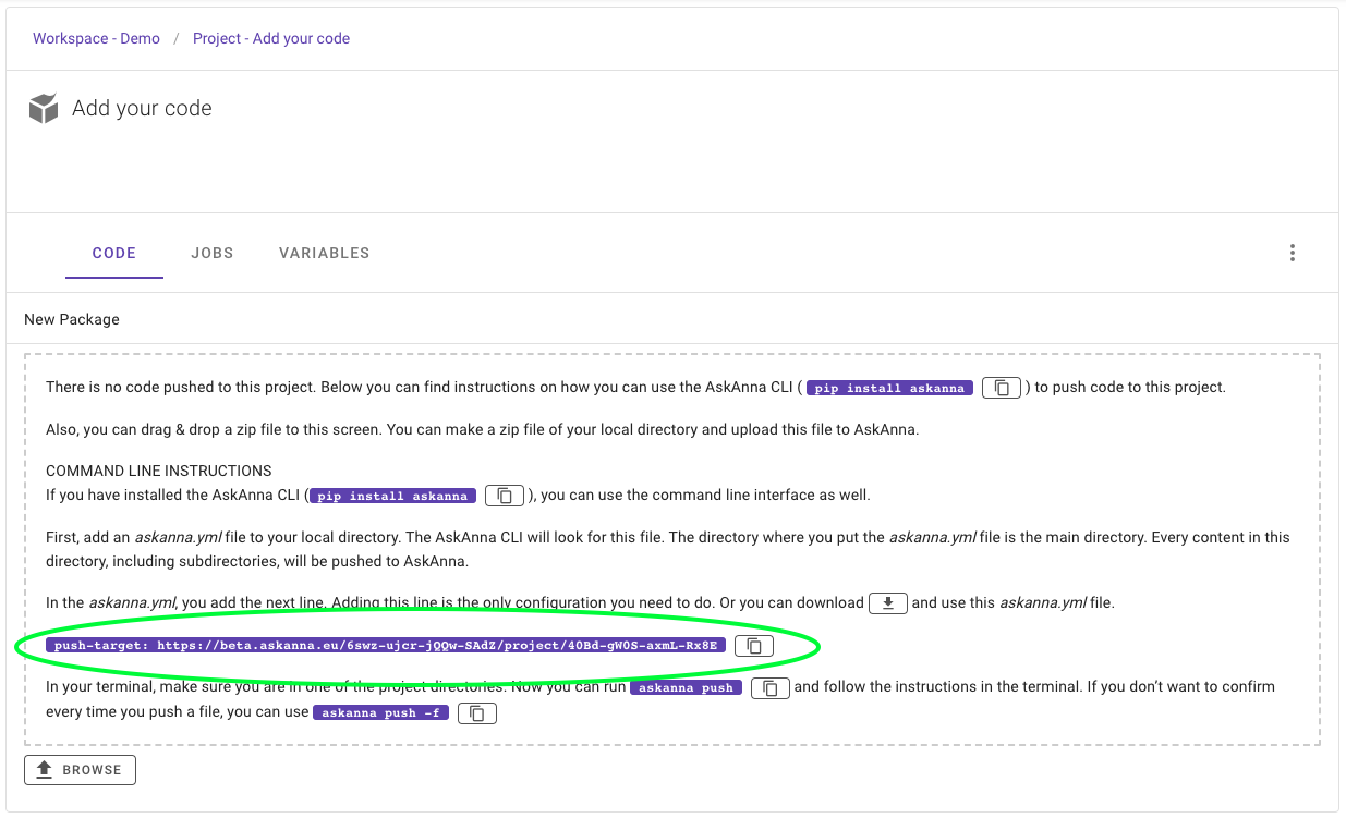 Push target for an AskAnna project