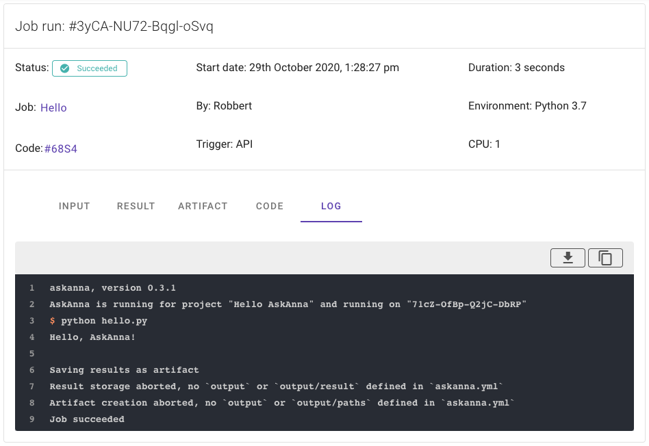 Log of a run in AskAnna