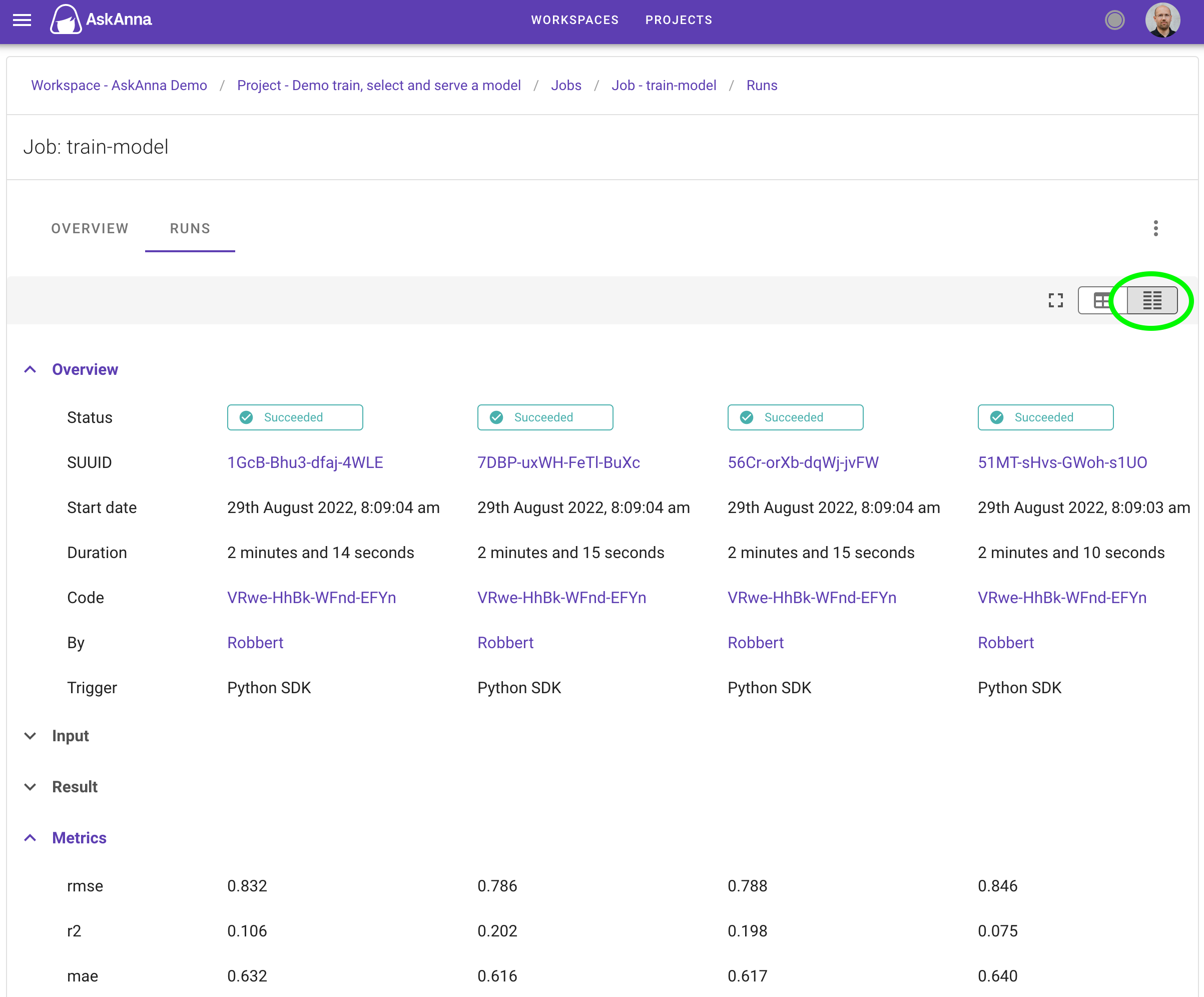 Compare Runs in AskAnna