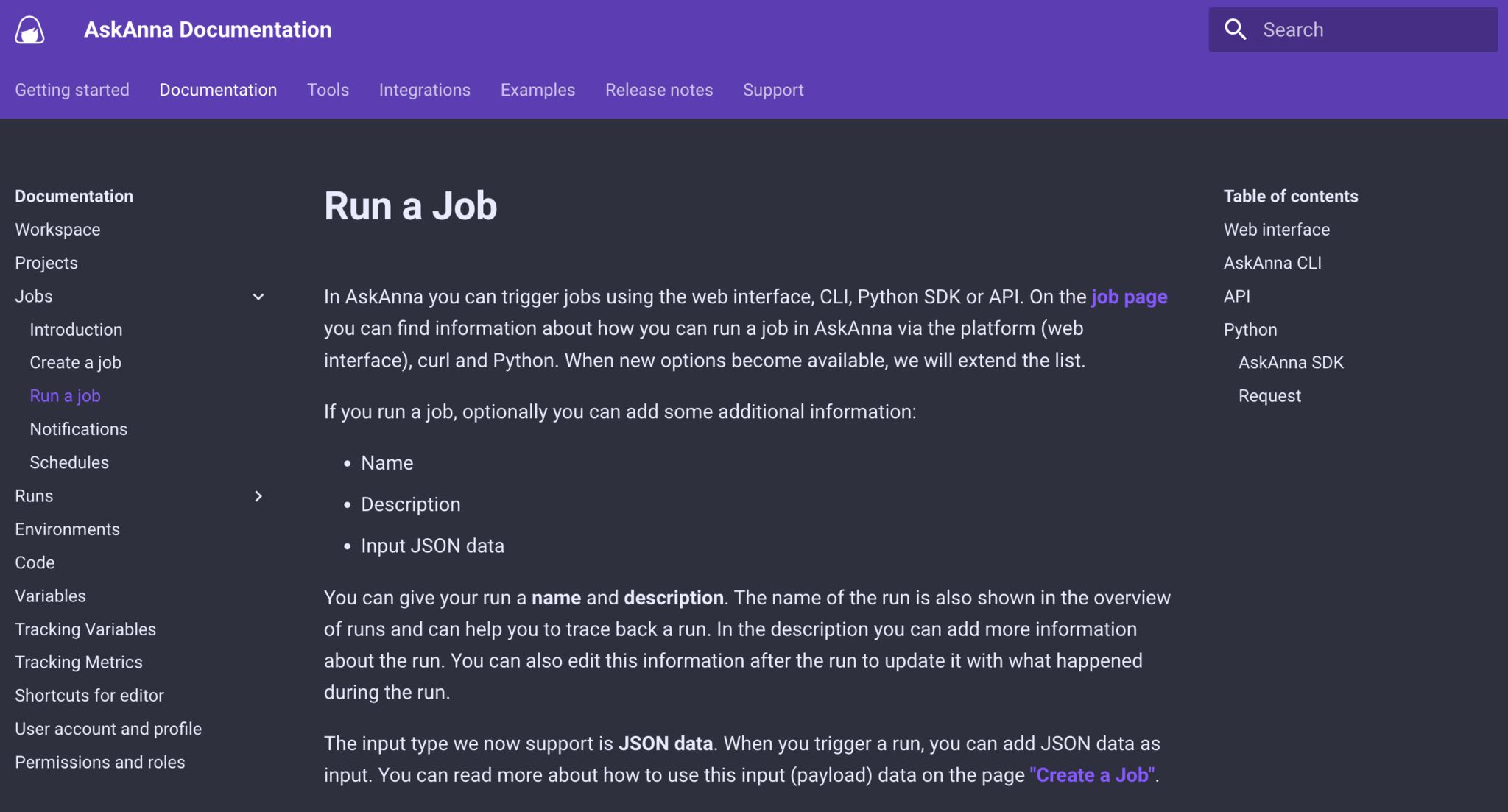 The AskAnna Docs in dark mode
