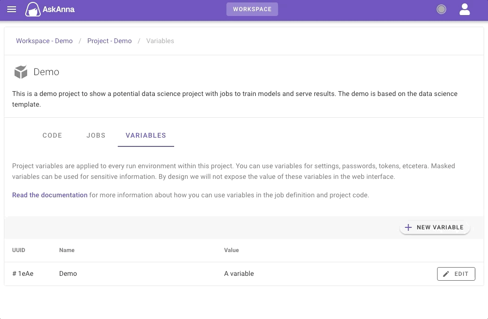 Add and update variables in AskAnna